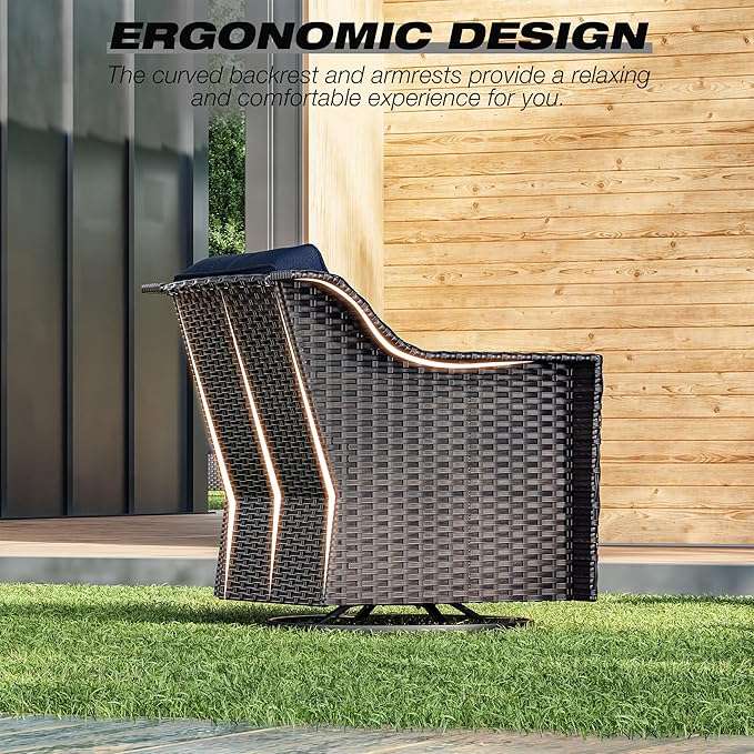 Joyside Wicker Patio Furniture Sets, 6 Pieces Upgraded Large Size Outdoor Furniture with Swivel Rocking Patio Chairs, Two 3-Seat Sofa, Fire Table, Coffee Table, Thick Cushions, Wide Armrest, Blue