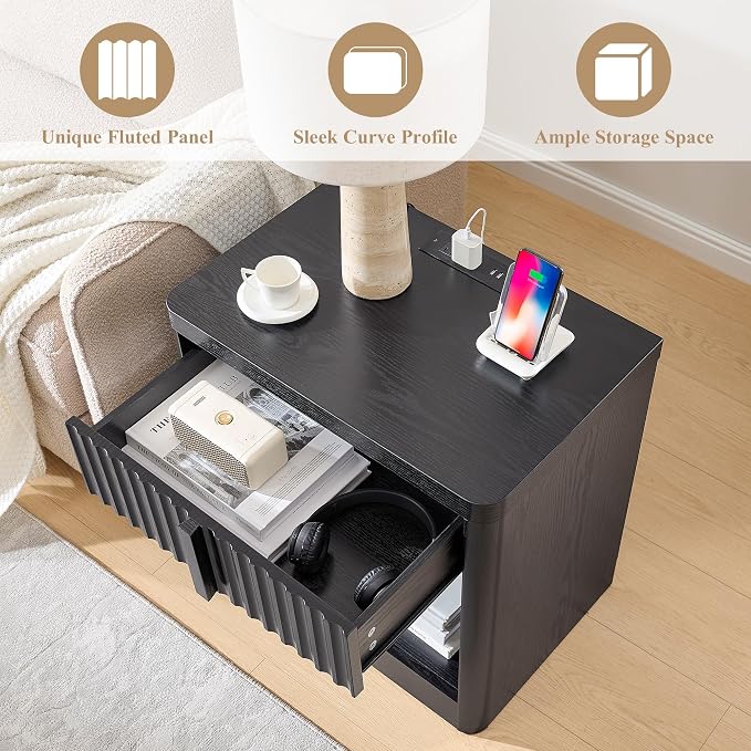 YANSNWO Fluted Nightstand with Charging Station, 23.6" Bedside Table with Open Shelf and Drawers Storage, End Table with Solid Wood Handle, Curved Profile Design, Night Stand for Bedroom, Black - Image 5