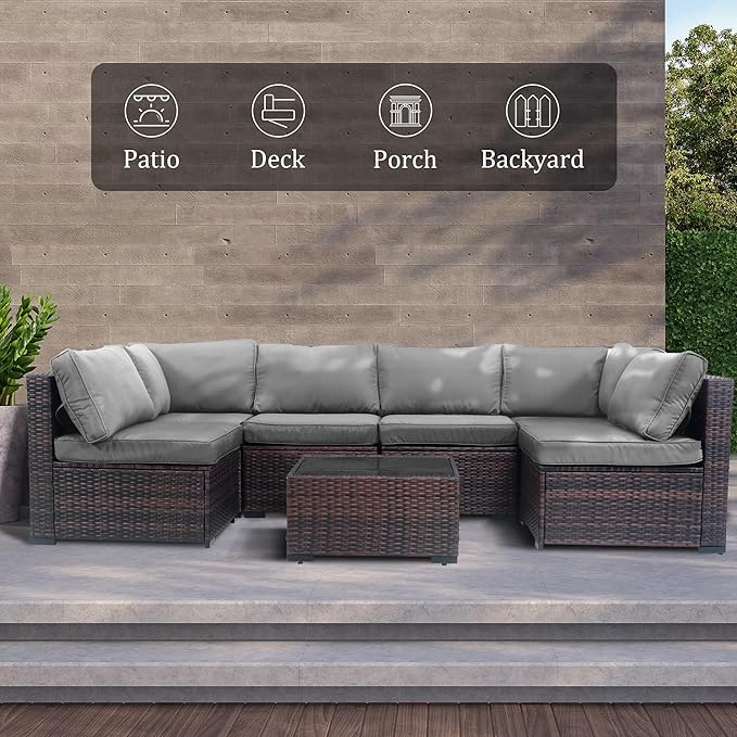 7 Piece Outdoor Patio Furniture Set, Rattan Weather-Resistant Outdoor Conversation Set, Outside Furniture Patio Sectional Sofa Set with Thick Cushions and Coffee Table, Gray