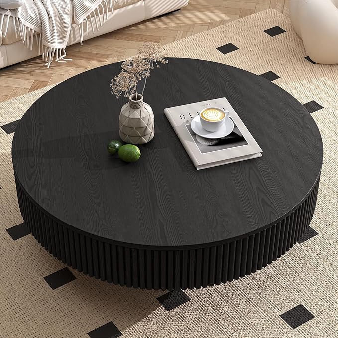 Apicizon 35'' Round Wood Table for Living Room, Mordern Fluted Coffee Table, Drum Coffee Table for Small Space, Apartment, Black