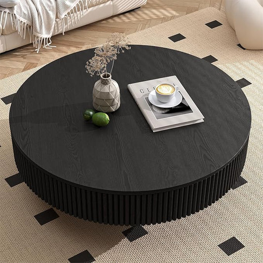 Apicizon 35'' Round Wood Table for Living Room, Mordern Fluted Coffee Table, Drum Coffee Table for Small Space, Apartment, Black