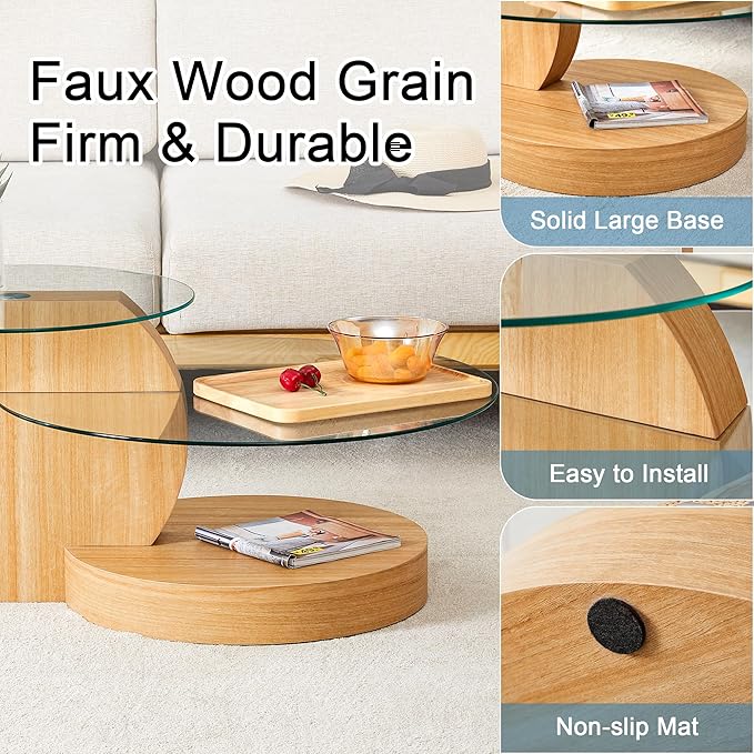 35.4" Glass Coffee Table, Small Round Coffee Table, 2-Tier Tempered Glass Tabletop with Wooden Base, Modern Center Table for Living Room, Home, Apartment, Ideal for Small Space