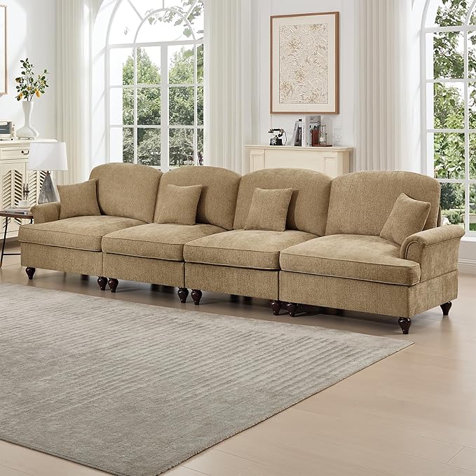 KEIKI Mid Century Modular Sofa with Flared Arms and Skirted Design, 137“ Oversized 4-Seater Luxury Chenille Sectional Couches for Living Room, Big Soft Couch Bedroom Furniture, Light Coffee