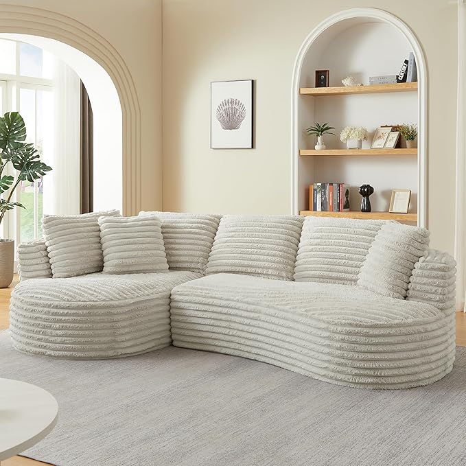 Plush Corduroy Cloud Sectional Sofa with Curved Chaise, Oversized 2 Pieces Modular Lounge Sofa with Deep Seat, Upholstered Sponge Compressed Couches for Living Room Bedroom,No Assembly Required