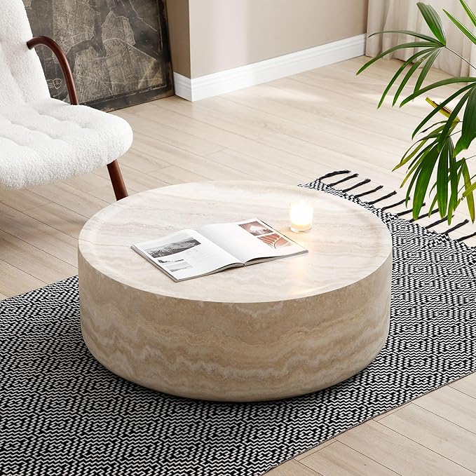 Round Coffee Table Modern Marble Grain Drum Coffee Table Circle Fiberglass Accent Center Table Modern Living Room Tea Table