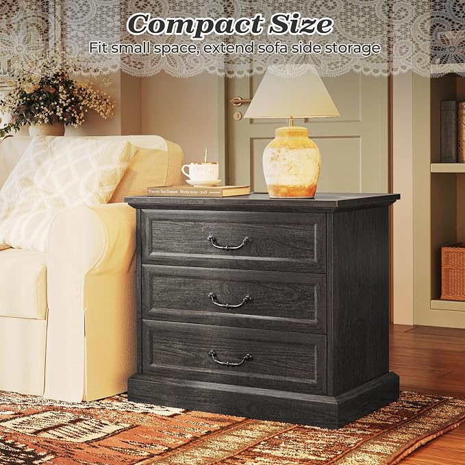 Huuger Nightstand with Charging Station, 3 Drawer Night Stand Set of 2, 22 Inch Wider Side Table with Storage, Farmhouse Nightstand with Vintage Handles, Thicken Base, for Bedroom, Black - Image 9