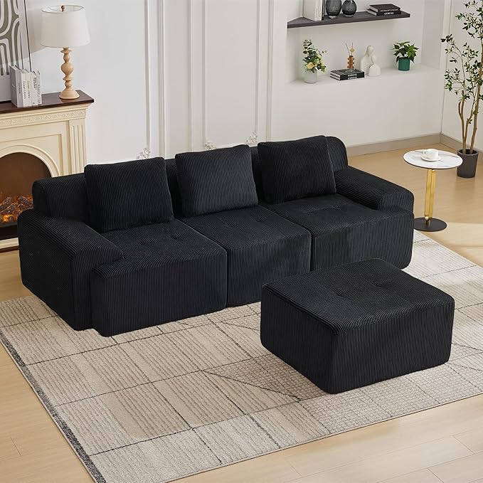 105.8'' Modular Sectional Sofa with Movable Ottoman, 3 Seat Deep Seat Couch with 3 Pillows, Comfy Cloud Sectional Sofa for Living Room, Bedroom (Black, 1 Left+1 Right+1 Middle+1 Ottoman)