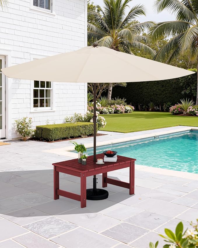 SERWALL Outdoor Coffee Table with 9FT Umbrella, HDPE Patio Coffee Table for Outside, Rectangle, Red(Not Include Umbrella Base) - Image 2