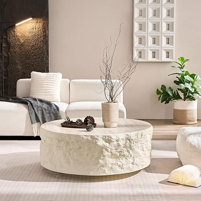 Round Coffee Table for Living Room Circle Coffee Table Modern Drum Center Table for Apartment, No Need Assembly (Fiberglass 35.43'' Cement Stone Pattern) | for Living Room, Modern, for Apartment, No Need Assembly