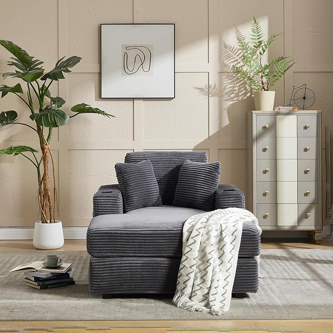 KEIKI Oversized Accent Chair with Ottoman, Chaise Lounge Chair Indoor with Cupholders, Oversized Sofa Bed, Deep Seat Sleeper Couch Reading Chairs for Living Room, Gray