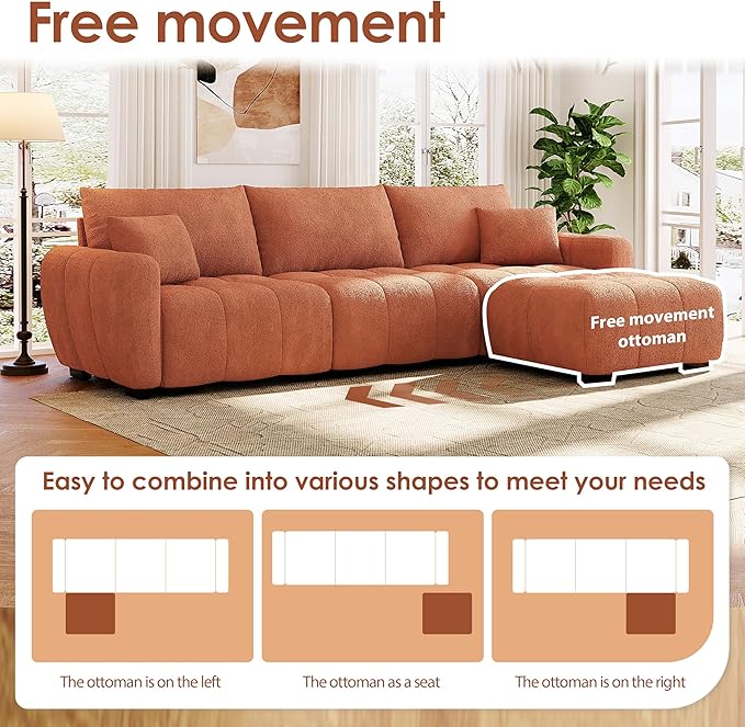 ERYE 110" L-Shaped Sectional Sofa 4 Seat Tufted Sofa Couches with Ottoman, Oversized Tufted Boucle Upholstered Corner Sectional Couch for Living Room Home Apartment