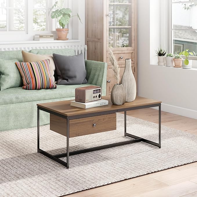 Manora Minimalist Coffee Table with Drawer, Modern Industrial Aesthetic Center Table for Living Room, Stylish Wood Modern Coffee Table with Storage, Walnut