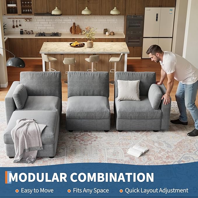 GAOMON Oversized Modular Sectional Sofa, 4 Seater Sectional Couch, 104" L Shaped Sofa with Movable Ottoman, Convertible Modular Couch for Living Room Apartment and Office, Chenille Grey