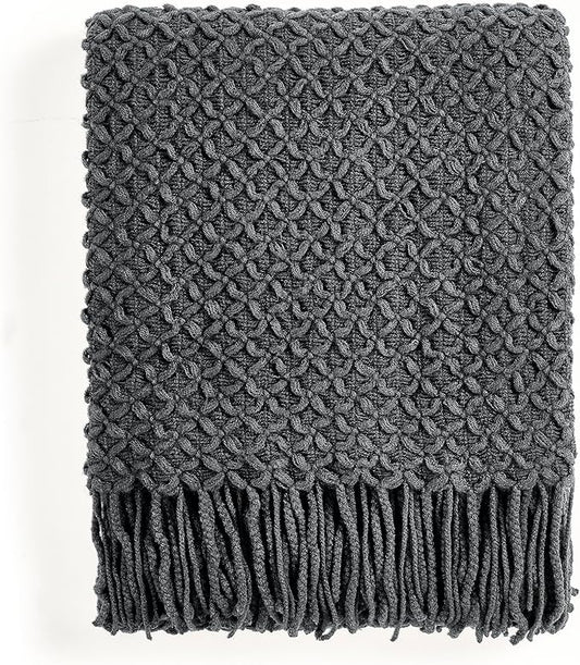 CREVENT Farmhouse Boho Knitted Throw Blanket for Couch Sofa Chair Bed Home Decoration, Soft Warm Cozy Light Weight for Spring Summer Fall (50''X60'' Dark Grey)