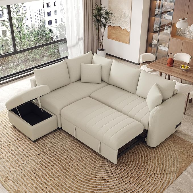 Ball & Cast L-Shaped Sectional Pull Out Sofa with Two USB Ports,4-Seater Convertible Couch w/Power Sockets and Movable Storage Ottoman,for Living Room,Apartment,Beige