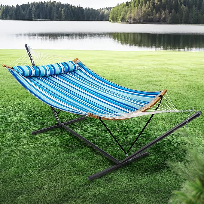 SUPERJARE Hammock with Stand, 2 Person Heavy Duty Hammock with Padded Cotton, Detachable Pillow & Strong Curved-Bar & Portable Carrying Bag, Perfect for Outdoor & Indoor, Blue Stripe - Image 3
