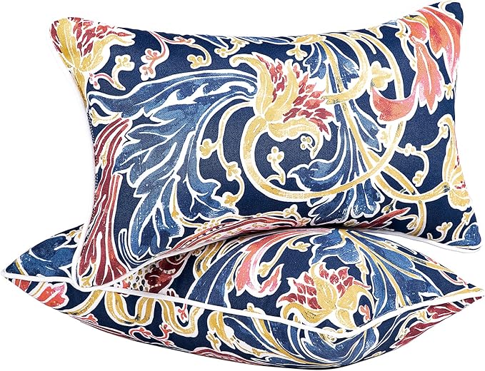 JMGBird Water-Resistant Outdoor Pillows Set of 2, 12x20 inch Durable Blue with Pomegranate Flower Pattern Throw Pillows with Inserts for Patio Furniture