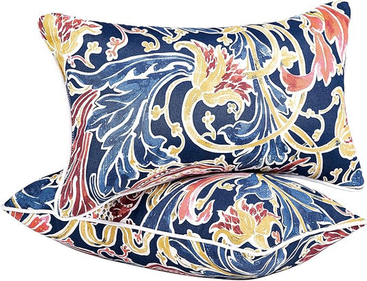 JMGBird Water-Resistant Outdoor Pillows Set of 2, 12x20 inch Durable Blue with Pomegranate Flower Pattern Throw Pillows with Inserts for Patio Furniture