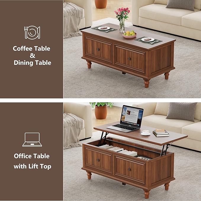 39" Lift Top Coffee Table, Wood Center Table with Storage, Retro Coffee Tables Rectangular Dining Table for Living Room Home Office Small Space (Walnut)