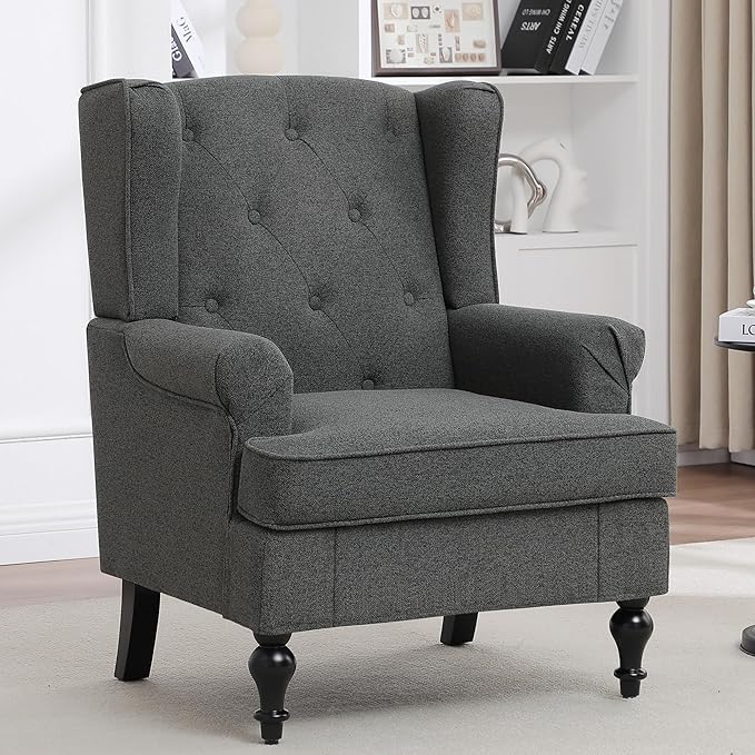 Accent Chair for Living Room, Mid Century Modern Upholstered Armchair, Wingback Chair with Tufted High Back and Solid Legs, Comfy Side Chairs Single Sofa for Bedroom, Dark Grey