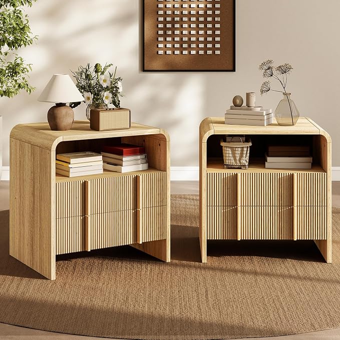 AMERLIFE Fluted Night Stand Set 2 with Storage Drawers, Modern Small Nightstand & Bedside Table with Open Shelf, Curved Profile Design & Pine Handles, Wood End Table for Bedroom, Oak by AMERLIFE