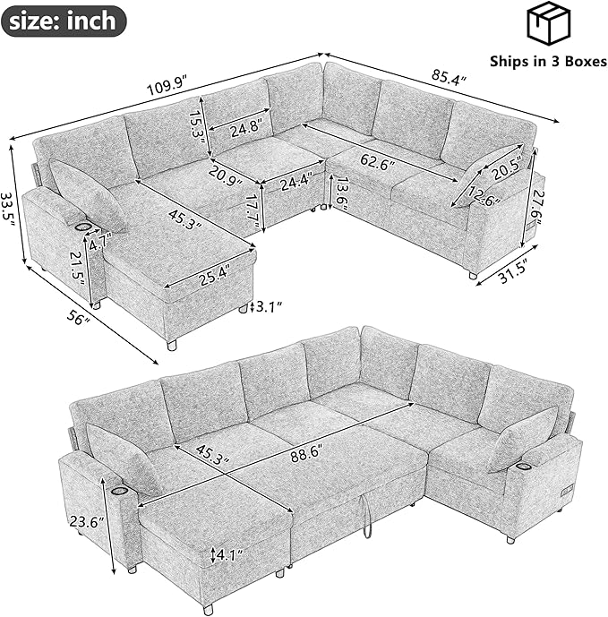 ERYE U Shaped Pull Out Sleeper Sectional Sofa Bed Modern Corner Convertible Sleeper Couch with Left Facing Storage Chaise, Cupholders, Charging Ports and Armrests Storage