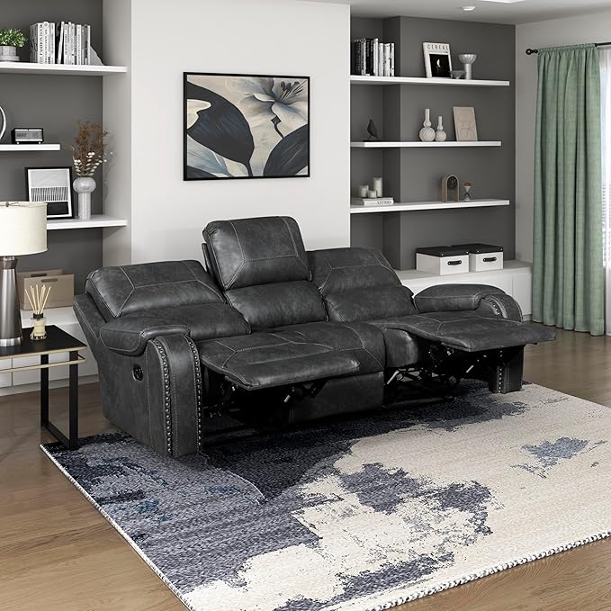 Lexicon Modern Double Recliner Sofa, Faux Leather Reclining Sofa with Nailhead, Center Drop-Down Cup Holders, Receptacles, USB Ports, Manual Recliner Couch Sofa for Living Room/Office/Apartment, Grey