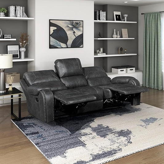 Lexicon Modern Double Recliner Sofa, Faux Leather Reclining Sofa with Nailhead, Center Drop-Down Cup Holders, Receptacles, USB Ports, Manual Recliner Couch Sofa for Living Room/Office/Apartment, Grey