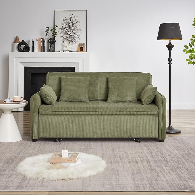 Ball & Cast 66" Convertible Sofa Bed,3-in-1 Corduroy Loveseat Sleeper Pull Out Couch Bed with Pillows and Side Pockets, Deep Seat Comfy Sofa Couches for Living Room,Apartment,Green