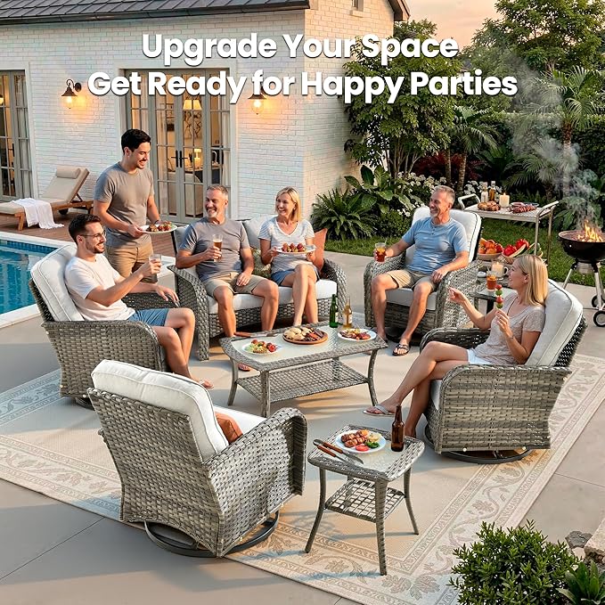 8 Pieces Outdoor Patio Furniture Sets, High Back Swivel Rocker Chairs Loveseat Sofa Coffee Table, All Weather Wicker Conversation Set for Deck Backyard Porch Poolside, Light Gray