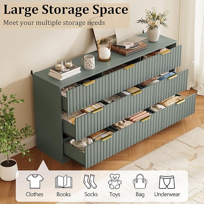 9 Drawer Dresser and Nightstand Sets for Bedroom, Modern Fluted 3 Pcs Bedroom Dresser Furniture Sets, Wood Chest of Drawers and Nightstand Set of 2 with Metal Handles, Green