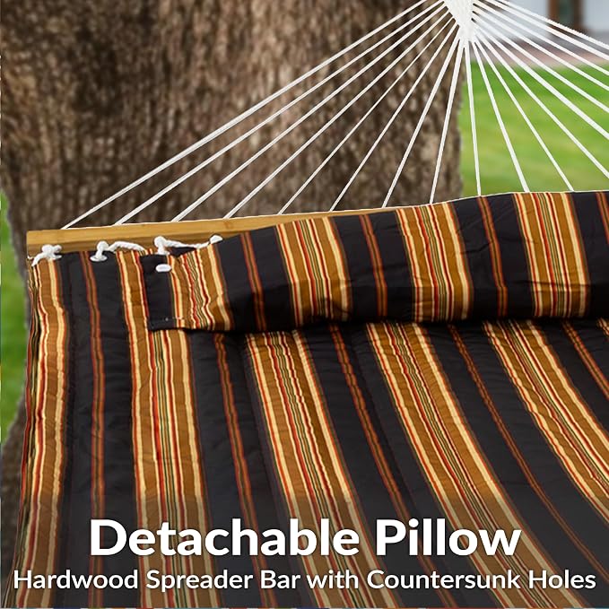 Sunnydaze Extra Large Quilted Hammock with Spreader Bars - 2-Person Hammock for Outside - Woodland Stripe - Image 2