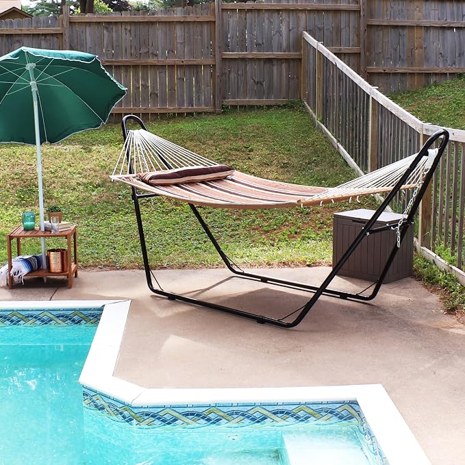 Sunnydaze Double Quilted Fabric Hammock with Universal Steel Stand - 450-Pound Capacity - Black Stand - Sandy Beach - Image 8