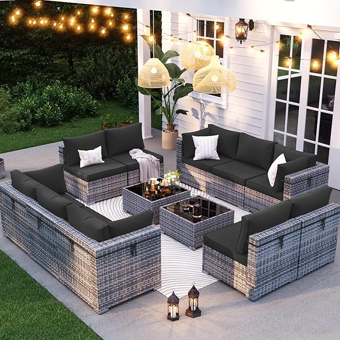 Patio Furniture Set, 12-Piece Outdoor Sectional with Waterproof Cover, All-Weather Wicker Patio Conversation Sets for Backyard (Grey with Black Cushion)