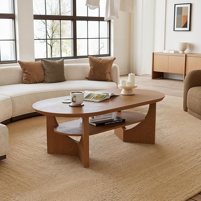 Mid Century Modern Coffee Table, 47" Oval Wood Coffee Tables for Living Room, 2 Tier Curved Round Center Table with Storage Shelf & Sturdy Base, Minimalist Retro Tea Tables