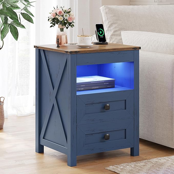 TAGELIER Farmhous Nightstand with Gun Drawer,Bedside Table with Charging Station, Gun Night Stand with LED Light & Human Sensor,Smart End Table for Bedroom, Blue by TAGELIER