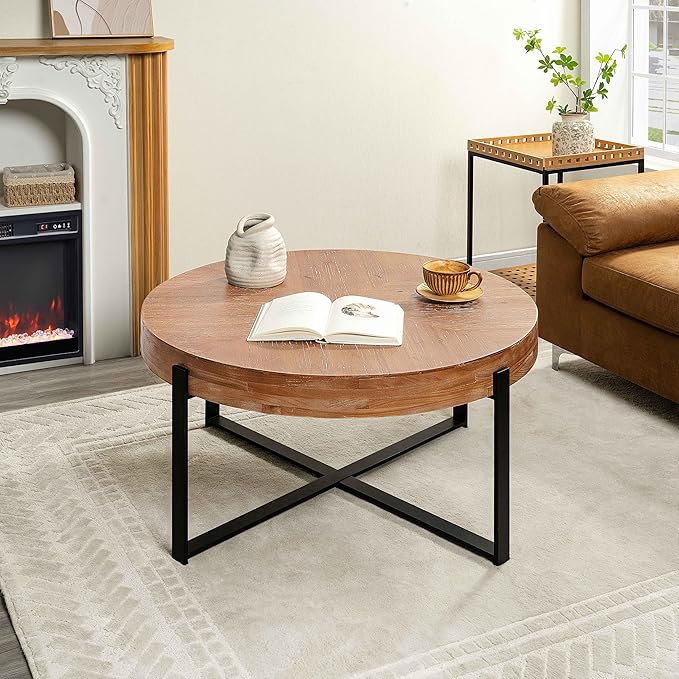 33.86" Round Coffee Table with X-Shaped Black Metal Legs, Solid Wood Circle Table for Living Room, Retro Circular Table, Natural+Black