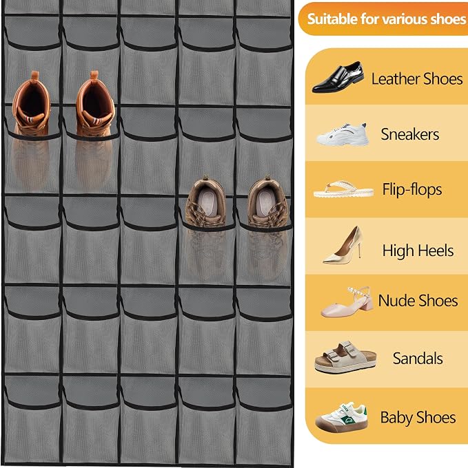 Over the Door Shoe Organizer, 40 Large Mesh Pockets Hanging Shoe Rack Organizer for Closet Behind The Door Storage Holder for Entryway Bedroom Dorm Gray - Image 7