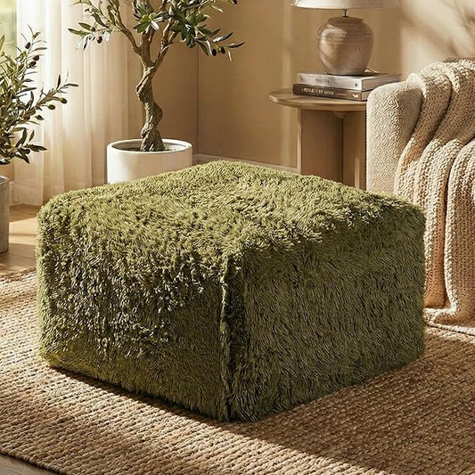 Furniture of America Havyn Modern Faux Fur 1-Seater Square Modular Foam Ottoman, Compressed Couch in a Box, No Assembly Required, for Living Room and Office, Olive Green