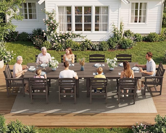 SERWALL Patio Dining Sets for 6 Person, HDPE Dining Set with 6 Armless Chairs, Coffee - Image 5