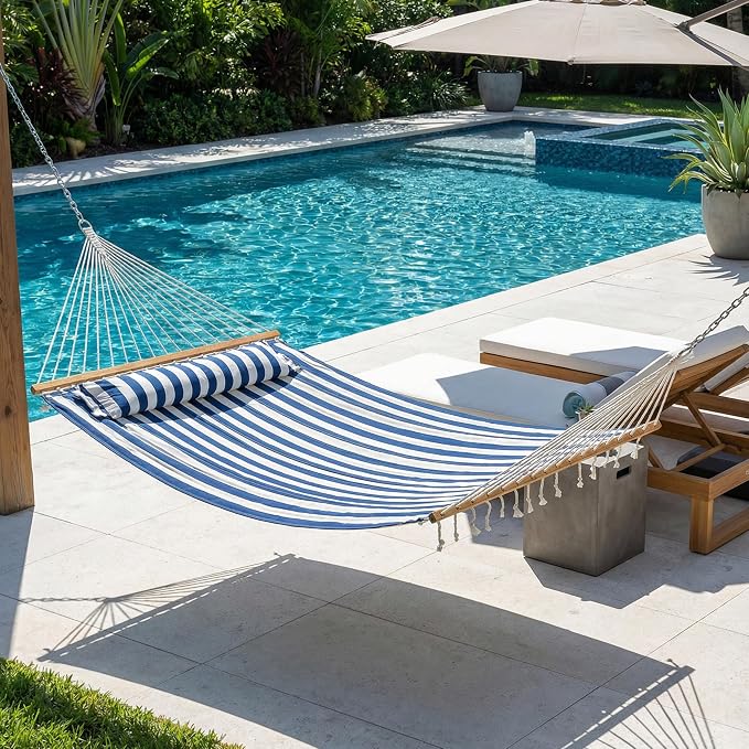 Sunnydaze Quilted Double Hammock for Outside with Spreader Bars and Pillow - 450 lb Capacity, 74x55 Inch Bed, UV Resistant, Quick Dry - Chains Included, Stand Sold Separately - Blue & White Stripe - Image 9