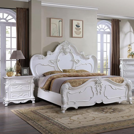 Furniture of America Eugene Traditional Solid Wood 3-Piece Bedroom Collection with Bed Frame and 3-Drawer Nightstands Set of 2, Box Spring Required, White, King