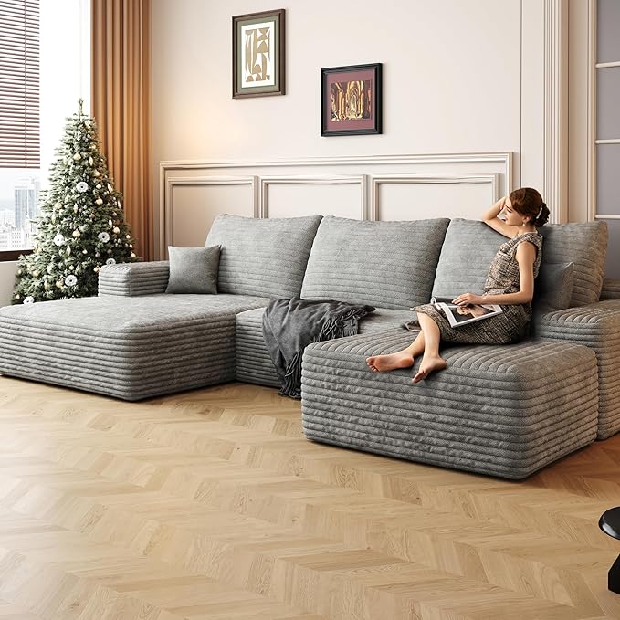 108" Cloud Modular Sectional Sofa Couch with Ottoman and L-Shape Chaise, Minimalist Upholstered Compressed Couches,Deep Seat Floor Sofa Couch,No Assembly Required