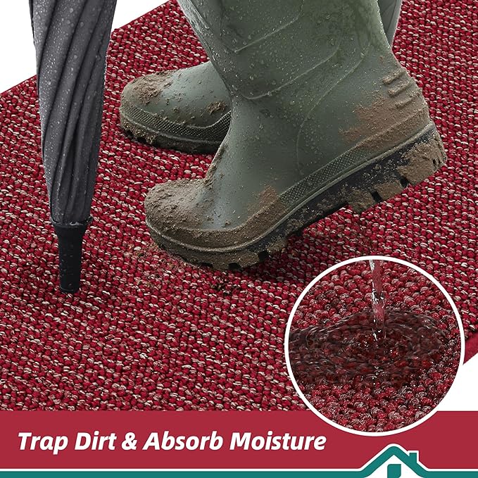 BEQHAUSE Dirt Trapper Door Mat 20" x 32", Non-Slip Washable Doormats Entrance Mat, Dirt Resistant and Absorbent Welcome Mat, Low Profile Floor Mats for Front Back Door and Entryway, Red - Image 3