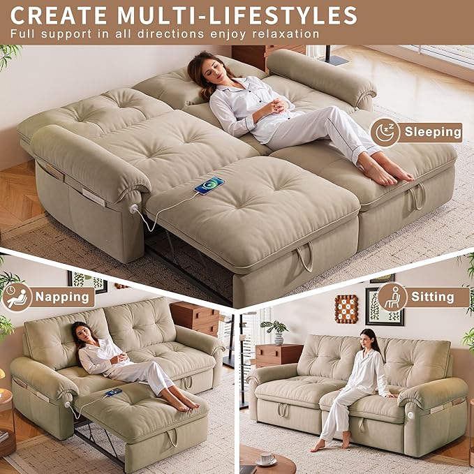 KEIKI 77" Modular Sectional Sofa with Pull-Out Bed, Convertible Sleeper Sofa Bed, 3-Seater Sleeper Sofa Couch for Living Rooms, Bedroom, Apartment, Brown