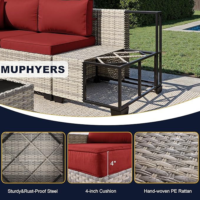 7-Piece Outdoor Patio Furniture Set, PE Wicker Rattan Sectional Sofa Conversation Set with Tempered Glass Table & Thick Cushions - All-Weather Garden, Backyard Furniture, Red