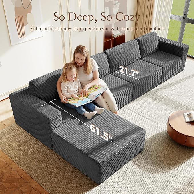 Vesgantti 159" Large Modular Sectional Sofa, L-Shaped Corduroy Cloud Couch with Deep Seats & Spring Support, 4-Seater Boneless Sofa with Movable Ottoman, No Assembly Needed, Grey