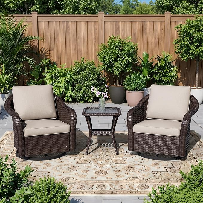 3 Piece Patio Wicker Bistro Set, 2 All-Weather Use Outdoor Wicker Swivel Chairs with PE Rattan Side Table,Ideal for Porch, Backyard, Balcony, Poolside, Beige
