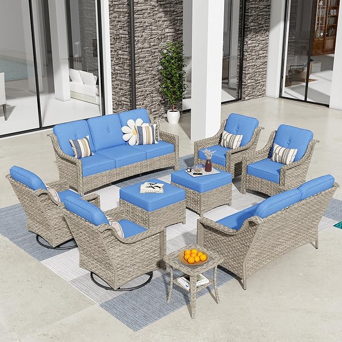HOOOWOOO 9 Piece Patio Furniture Conversation Sets with Swivel Rocking Chairs,Outdoor Wicker Furniture with Ottoman,All Weather Resistant High Back Rattan Conversational Set(Diamond Blue)