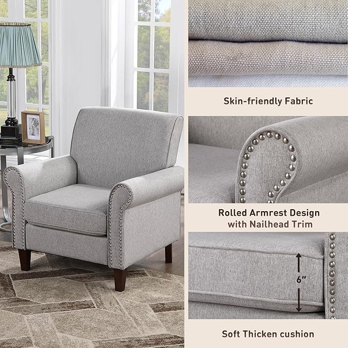 Prilinex Upholstered Living Room Chair Set of 3 - Large Comfy Fabric Accent Chair Single Sofa with Cushion, Rolled Armrest & Nailhead Trim, Mid Century Modern Armchair for Bedroom, Office, Grey